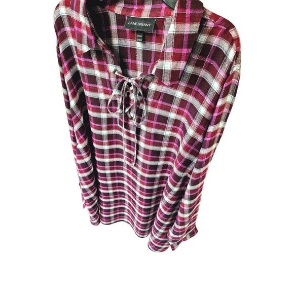 LANE BRYANT Plus Size Long sleeve Shimmery Plaid Top With Tie Front Closure. - Picture 9 of 14